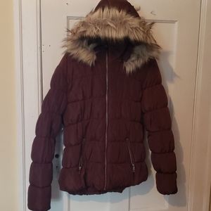 Warm Burgundy puffer jacket, furry hood